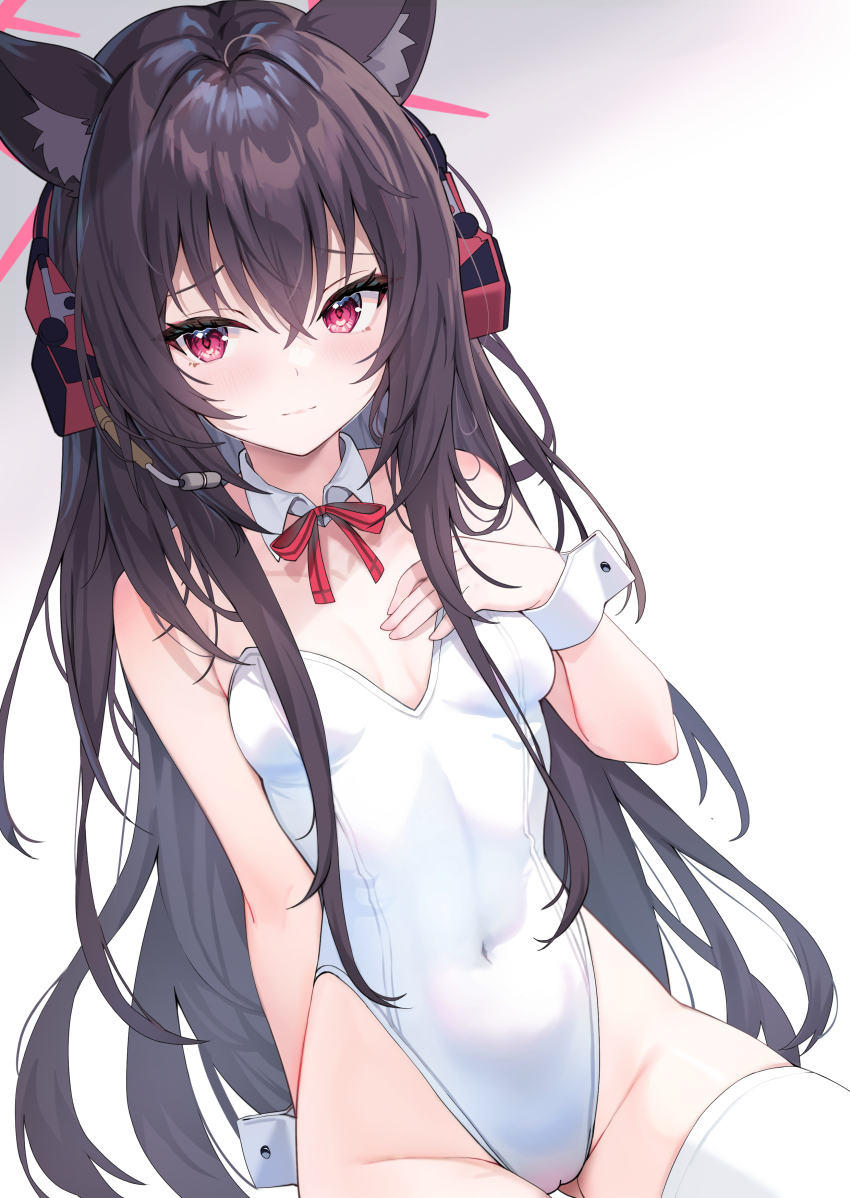 1girl absurdres alternate_costume animal_ear_fluff animal_ears blue_archive blush breasts closed_mouth commentary_request covered_navel crossed_bangs detached_collar fox_ears fox_girl hair_between_eyes hand_on_own_chest headphones highleg highleg_leotard highres leotard long_hair looking_at_viewer neck_ribbon nontraditional_playboy_bunny pu_ht red_eyes red_ribbon ribbon simple_background small_breasts solo strapless strapless_leotard thighhighs thighs white_background white_thighhighs white_wrist_cuffs wrist_cuffs yukino_(blue_archive)