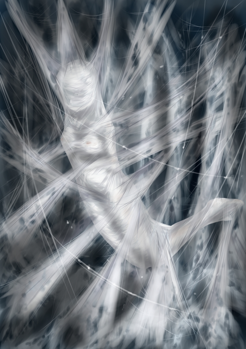 1girl absurdres asphyxiation bdsm bondage bound caught cocoon corpse death full_body highres mummification original peril silk spider_web suspension web web_bondage wrapped_up