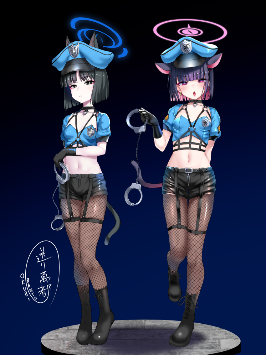 2girls animal_ears black_boots black_collar black_gloves black_hair black_shorts blue_archive blue_background blue_halo blue_jacket boots breasts brown_hair cat_ears cat_girl cat_tail closed_mouth collar colored_inner_hair cropped_jacket cuffs earrings eyebrows_hidden_by_hair fishnet_thighhighs fishnets full_body garter_belt gloves halo handcuffs hat highres holding holding_handcuffs jacket jewelry kazusa_(blue_archive) kikyou_(blue_archive) lace-up_boots looking_at_viewer midriff multicolored_hair multiple_girls navel okuri_banto open_mouth pantyhose pink_hair police police_hat police_uniform policewoman purple_eyes purple_halo shadow short_hair shorts signature simple_background single_earring small_breasts standing standing_on_one_leg tail thighhighs