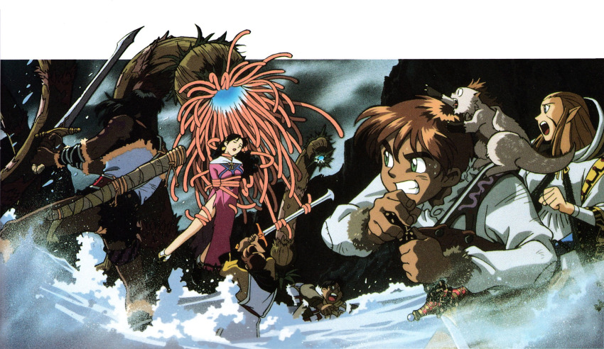 1990s_(style) 2girls 4boys alex_noah aqua_eyes bad_id bad_pixiv_id black_hair blue_eyes brown_hair cloud cloudy_sky day fantasy fur_trim grin highres holding holding_sword holding_weapon jessica_de_alkirk kyle_(lunar) long_hair long_sleeves lunar:_the_silver_star mia_ausa monster multiple_boys multiple_girls nall_(lunar) nash_rumack non-web_source official_art open_mouth outdoors photoshop_(medium) pointy_ears restrained retro_artstyle scabbard scan sheath shirt short_hair sky smile standing sword tentacles two-handed water weapon white_shirt