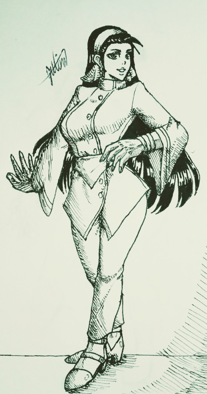 1girl black_eyes black_hair breasts curvy dress earrings female_focus gutimdesenheiro hairband huge_breasts jewelry kagura_chizuru large_breasts long_hair long_sleeves pale_skin pants shoes smile standing the_king_of_fighters thick_thighs thighs wide_hips