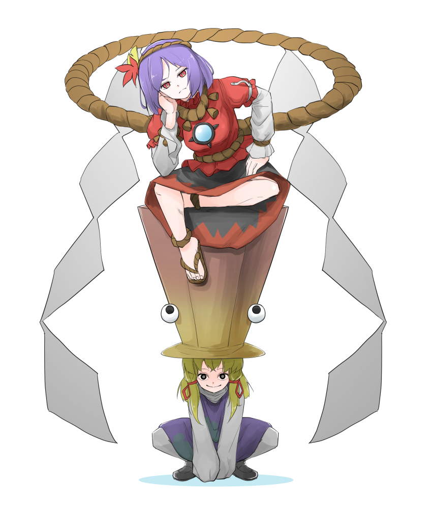 2girls blonde_hair breasts highres looking_at_viewer mirror moriya_suwako multiple_girls oversized_hat oversized_object peroponesosu. purple_hair red_eyes red_shirt shirt simple_background sitting smile squatting touhou white_background yasaka_kanako