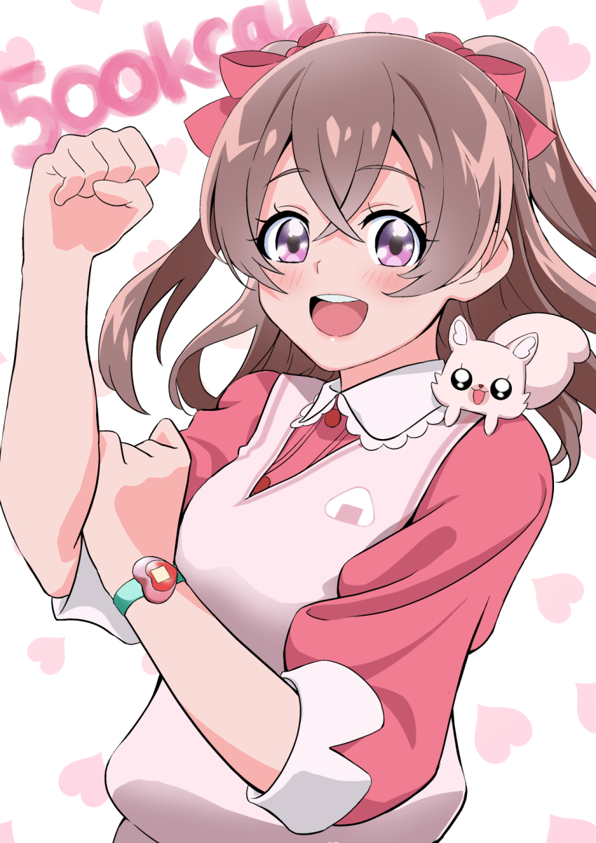 1girl :d bow delicious_party_precure hair_bow hakase_yurisuki highres kome-kome long_hair looking_at_viewer nagomi_yui open_mouth pink_bow precure purple_eyes smile sweater_vest two_side_up watch