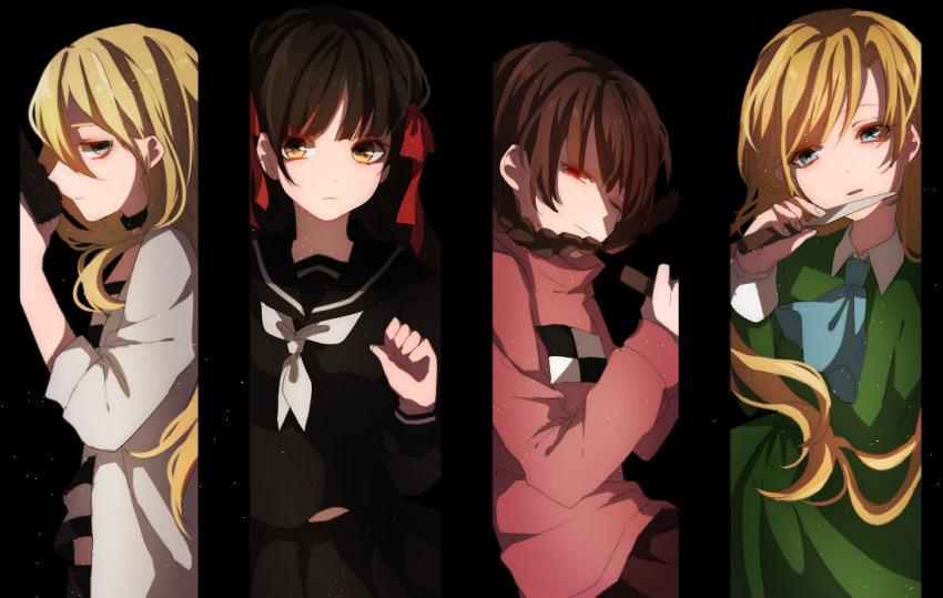 asa_(memento) bad_id bad_pixiv_id black_hair black_serafuku black_skirt closed_mouth dress hair_ribbon himeno_mikoto ib_(kouri) kaii_shoukougun knife long_hair madotsuki mary_(ib) multiple_girls rachel_gardner red_eyes red_ribbon ribbon satsuriku_no_tenshi school_uniform serafuku shirt skirt standing yume_nikki