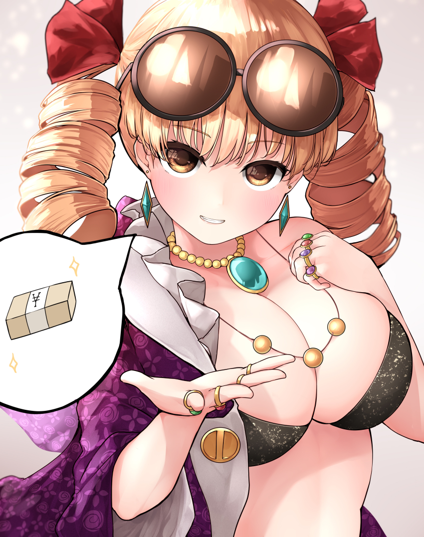 1girl absurdres amazaki_ria banknote black_bra blonde_hair blush bra breasts cleavage collarbone commentary drill_hair earrings eyelashes eyewear_on_head gem hair_ribbon hat highres jacket jewelry large_breasts long_sleeves medium_hair money multiple_rings open_clothes open_jacket open_mouth purple_jacket red_ribbon ribbon ring round_eyewear solo sparkle symbol-only_commentary top_hat touhou underwear yen yorigami_jo&#039;on