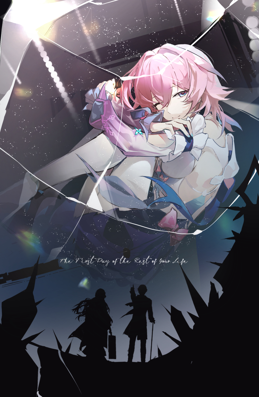 2girls absurdres blue_dress blue_hair bow closed_mouth clothing_cutout colored_tips commentary_request detached_sleeves dress english_text gradient_sleeves hair_intakes highres himeko_(honkai:_star_rail) honkai:_star_rail honkai_(series) long_sleeves march_7th_(honkai:_star_rail) march_7th_(nascent_spring)_(honkai:_star_rail) medium_hair multicolored_hair multiple_girls official_alternate_costume one_eye_closed pink_bow pink_hair pink_sleeves refa short_dress smile welt_yang white_sleeves