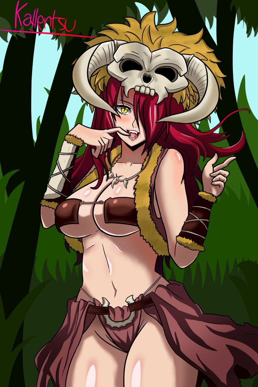 1girl breasts cleavage highres kallentsu kobayashi_rindou large_breasts long_hair midriff navel red_hair revealing_clothes shokugeki_no_souma solo underboob