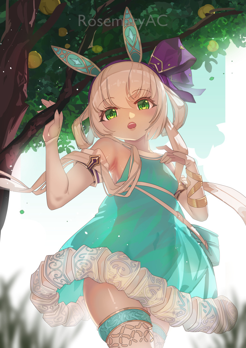 1girl absurdres animal_ears aqua_dress armpits artist_name atelier_(series) atelier_sophie atelier_sophie_2 blurry blurry_foreground breasts commentary detached_sleeves dress english_commentary eyelashes fake_animal_ears grass green_eyes highres long_hair looking_at_viewer open_mouth outdoors plachta rabbit_ears rosemary_ac see-through_clothes see-through_dress small_breasts smile solo standing tree white_hair