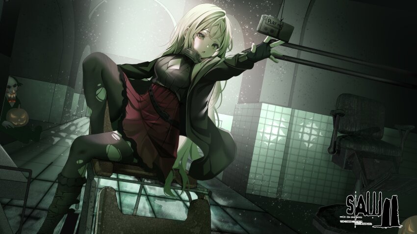 1girl belt black_belt boots breasts chair cleavage cleavage_cutout clothing_cutout collar green_eyes grey_hair highres isari_sensei jack-o&#039;-lantern jigsaw_(character) logo long_hair open_mouth pleated_skirt red_skirt saw_(movie) sitting skirt tape_recorder thighhighs torn_clothes torn_thighhighs