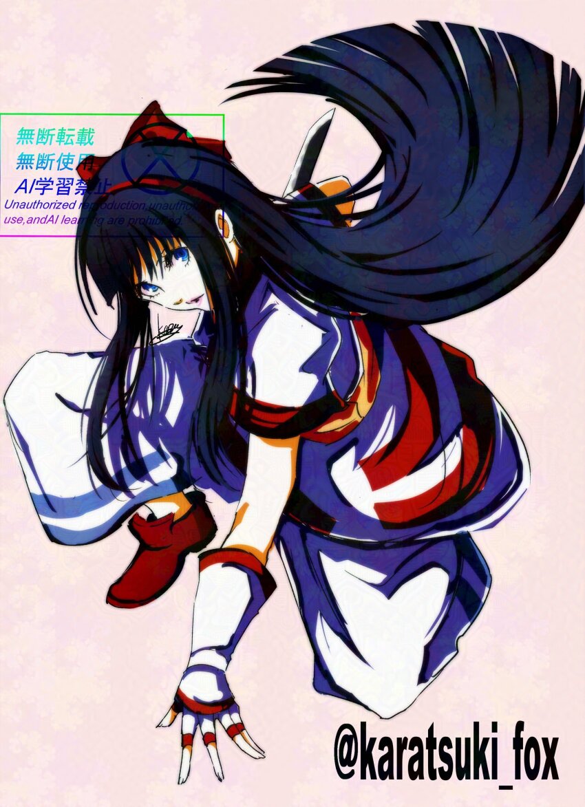 1girl ainu_clothes arm_support artist_name black_hair blue_eyes fighting_stance fingerless_gloves gloves highres kneeling legs long_hair monochrome nakoruru pants pink_lips puckered_lips samurai_spirits snk solo the_king_of_fighters thighs