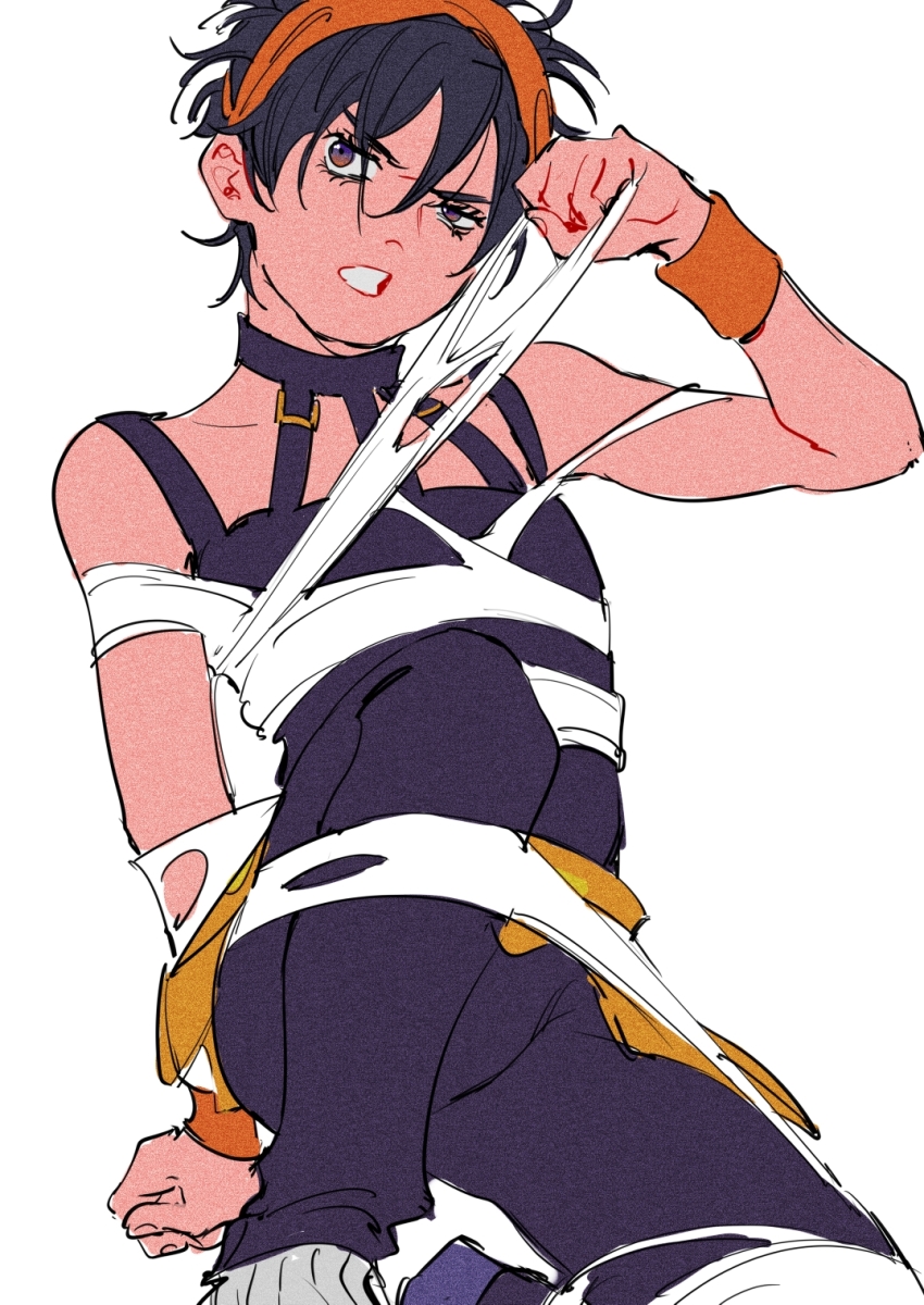 1boy black_hair black_pants black_tank_top bound brown_hair choker clenched_teeth film_grain hairband highres jojo_no_kimyou_na_bouken lighthouse_(lt_yummy) male_focus narancia_ghirga open_mouth orange_hairband orange_overskirt orange_wrist_cuffs pants restrained short_hair tank_top teeth tied_up_(nonsexual) vento_aureo white_background wrist_cuffs