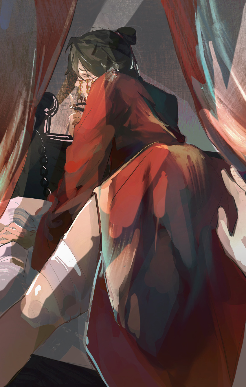 1boy 1other aaawwwssslll absurdres all_fours ass bandaged_leg bandages bare_legs bed bed_sheet black_hair chinese_clothes chinese_commentary closed_mouth coat coin coin_mask curtains dao_gui_yi_xian feet_out_of_frame from_behind hair_bun hair_ribbon hand_on_another&#039;s_ass hanfu highres holed_coin indoors li_huowang long_hair long_sleeves looking_at_viewer looking_back male_focus mask mouth_veil on_bed out_of_frame ponytail pov pov_hands red_coat red_eyes red_ribbon ribbon robe single_hair_bun solo_focus veil wide_sleeves