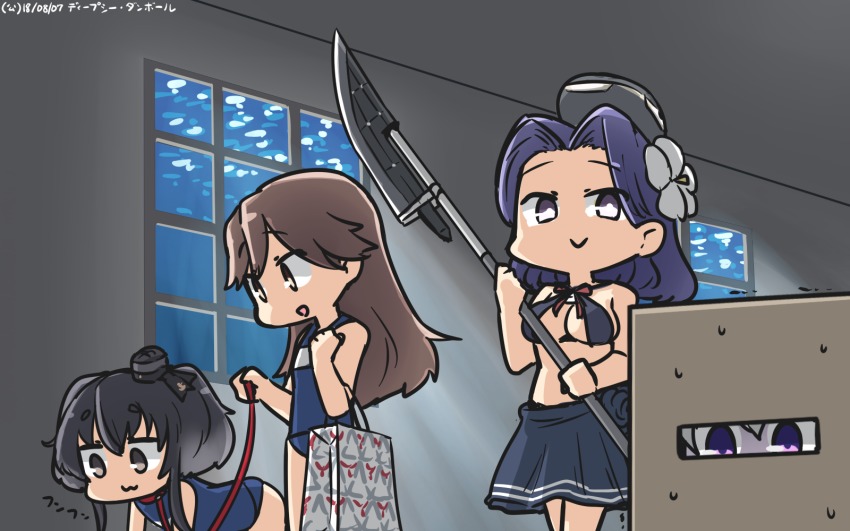4girls abyssal_ship alternate_costume animal_collar arashio_(kancolle) black_hair box brown_eyes brown_hair collar commentary glaive_(polearm) glowing glowing_eyes gradient_hair halo hamu_koutarou headgear highres indoors kantai_collection kunihiko_moriguchi long_hair mechanical_halo mitsukoshi_(department_store) multicolored_hair multiple_girls open_mouth polearm purple_eyes purple_hair re-class_battleship school_swimsuit short_hair short_hair_with_long_locks sidelocks silver_hair smirk snake_box_sneak swimsuit tatsuta_(kancolle) tokitsukaze_(kancolle) trembling weapon