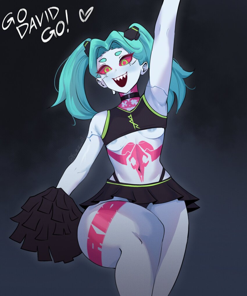 1girl animal_ears arm_up bare_shoulders breasts cheerleader colored_skin curvy cyberpunk_(series) cyberpunk_edgerunners english_text female_focus fi_zz_ill happy heart highres holding holding_pom_poms jumping long_hair miniskirt naughty_face navel nipples no_bra pom_pom_(cheerleading) pom_poms rebecca_(cyberpunk) sharp_teeth shiny_skin simple_background skirt small_breasts teeth thick_thighs thighs thong twintails upper_teeth_only white_skin wide_hips