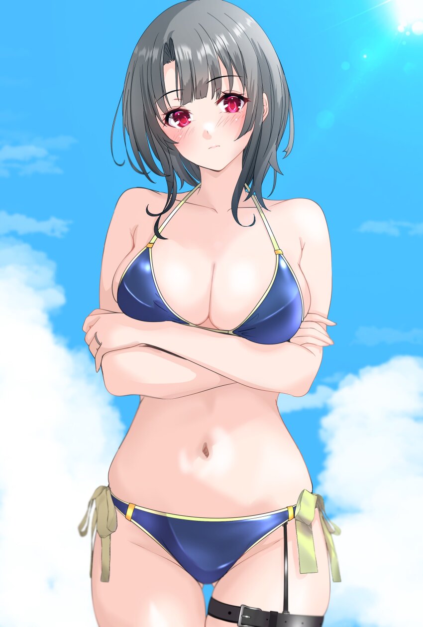 1girl absurdres black_hair blue_sky blush breasts cloud cloudy_sky cowboy_shot crossed_arms day gluteal_fold highres kantai_collection large_breasts looking_at_viewer navel nitamako_(sakamalh) outdoors red_eyes short_hair sky smile solo takao_(kancolle)