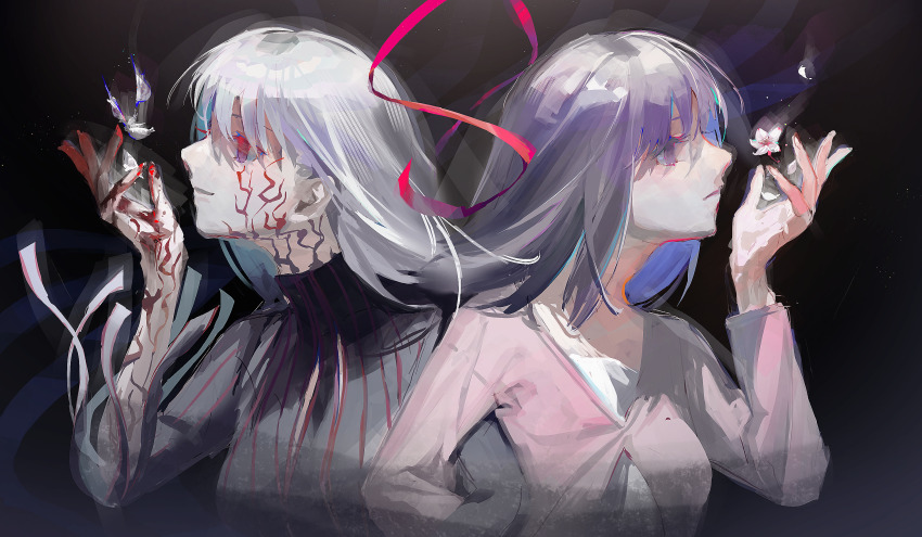 2girls black_dress blood blood_on_hands commentary_request corruption dark_background dark_sakura dress dual_persona fate/stay_night fate_(series) flower heaven&#039;s_feel highres long_hair long_sleeves matou_sakura multiple_girls pink_shirt purple_eyes purple_hair red_eyes shirt ubwmitekure white_hair white_shirt
