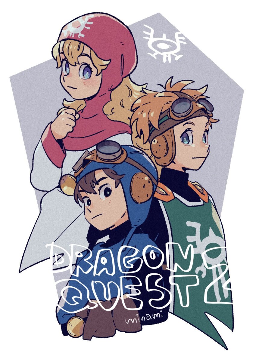 1girl 2boys black_eyes blonde_hair blue_eyes blue_hat brown_hair commentary_request copyright_name dragon_quest dragon_quest_ii dramatica goggles goggles_on_head green_tabard hat highres long_hair looking_at_viewer multiple_boys prince_of_lorasia prince_of_samantoria princess_of_moonbrook tabard