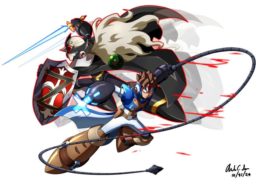 2boys absurdres afterimage alucard_(castlevania) alucard_(castlevania)_(cosplay) arm_cannon armor black_cape black_helmet blue_armor blue_helmet brown_eyes brown_hair cape castlevania_(series) cosplay dated forehead_jewel full_body helmet highres holding holding_shield holding_sword holding_weapon holding_whip innovator123 long_hair male_focus mega_man_(series) mega_man_x_(series) mega_man_zero_(series) multiple_boys red_eyes richter_belmont richter_belmont_(cosplay) shield simple_background sword weapon white_background x_(mega_man)