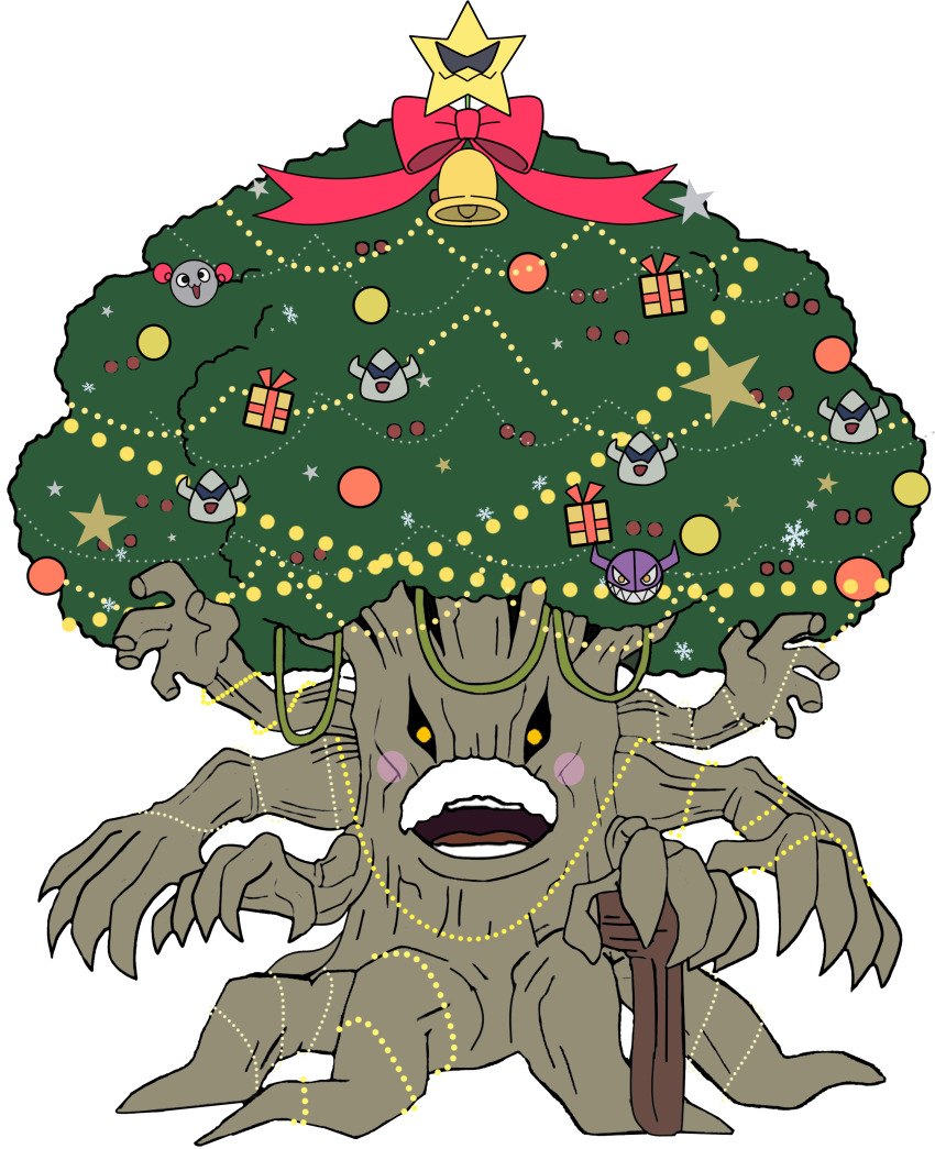 absurdres digimon digimon_(creature) facial_hair giromon highres jyureimon jyureimon_(christmas_tree) mamemon mustache open_mouth pickmon pickmon_(sunglasses) smile starmon_(digimon_xros_wars) teeth transparent_background wood