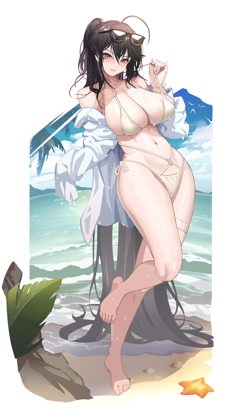 1girl absurdly_long_hair absurdres ahoge azur_lane bare_shoulders beach bikini black_hair breasts cleavage commentary_request eyewear_on_head hair_between_eyes highres huge_ahoge huge_breasts kylezhang42 long_hair long_sleeves looking_at_viewer navel official_alternate_costume open_clothes open_shirt red_eyes shirt side-tie_bikini_bottom solo standing standing_on_one_leg starfish strap_pull sunglasses swimsuit taihou_(azur_lane) taihou_(seaside_daydreams)_(azur_lane) variant_set very_long_hair water wet_bikini white_bikini white_shirt