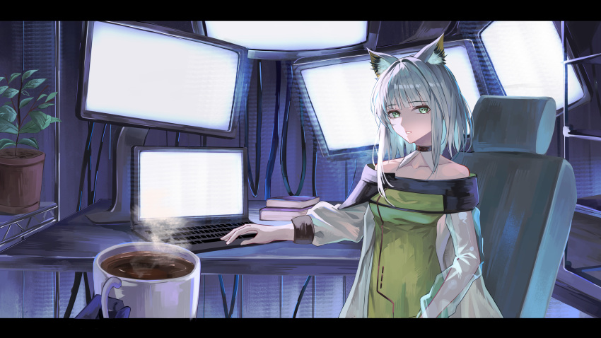 1girl 1other absurdres animal_ear_fluff animal_ears arknights black_gloves blunt_bangs breasts bright_pupils cable cat_ears coffee coffee_mug collarbone commentary_request cup desk detached_collar dress gloves green_eyes green_shirt grey_hair highres holding holding_cup indoors kal&#039;tsit_(arknights) letterboxed long_sleeves looking_at_viewer monitor mug off-shoulder_dress off_shoulder parted_lips plant potted_plant pov puranetto_(vjun4748) see-through_clothes see-through_sleeves shirt short_hair small_breasts steam upper_body