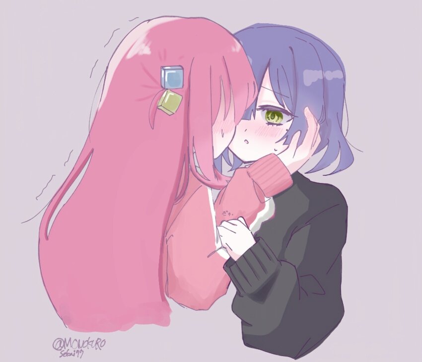 2girls alt_text black_sweater blue_hair blush bocchi_the_rock! commentary_request cube_hair_ornament gotoh_hitori green_eyes grey_background hair_ornament hand_on_another&#039;s_face highres jacket long_hair mole mole_under_eye monokurosekai77 multiple_girls parted_lips pink_hair pink_jacket simple_background sweater track_jacket yamada_ryo yuri