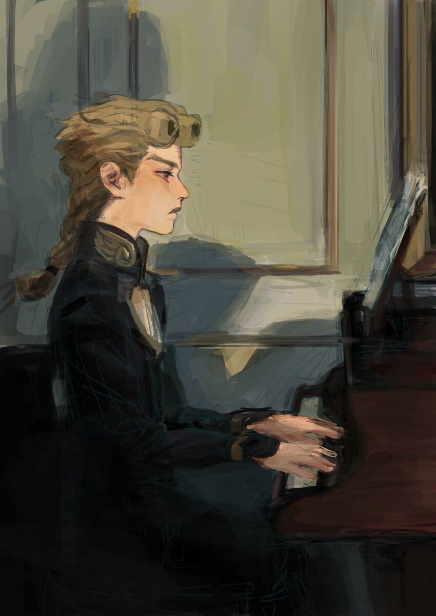 absurdres blonde_hair braid derivative_work giorno_giovanna highres instrument jacket jewangchobab jojo_no_kimyou_na_bouken lips long_hair low-braided_long_hair low-tied_long_hair male_focus music painterly pale_skin playing_instrument playing_piano vento_aureo victory_rolls