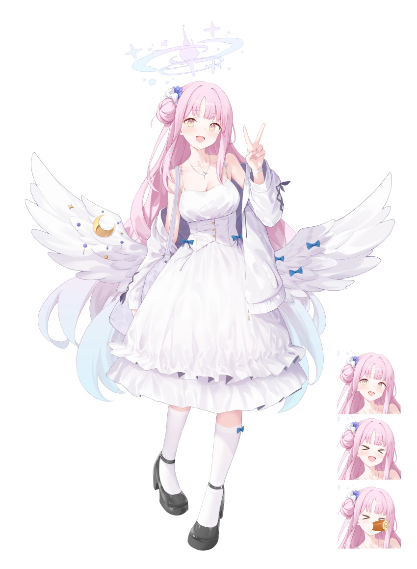 &gt;_&lt; 1girl absurdres alternate_costume angel_wings bag bare_shoulders black_footwear black_ribbon blue_archive blue_bow blue_flower blue_halo blush bow bow_legwear bow_on_wing breasts cake cleavage closed_eyes collarbone commentary crescent dress multiple_expressions feathered_wings fingernails flower food frilled_dress frills full_body gradient_hair gradient_halo hair_bun hair_flower hair_ornament hair_ribbon halo happy high_heels highres jacket jewelry large_breasts long_hair long_sleeves looking_at_viewer low_wings mika_(blue_archive) multicolored_hair multicolored_halo multiple_views nail_polish necklace open_clothes open_jacket open_mouth parted_bangs pink_hair pink_halo pink_nails pumps purple_flower raised_eyebrows revision ribbon roi_(liu_tian) shoulder_bag simple_background single_side_bun sleeveless sleeveless_dress smile socks solo_focus swiss_roll tearing_up v white_background white_bag white_dress white_jacket white_ribbon white_socks white_wings wings wristband yellow_eyes