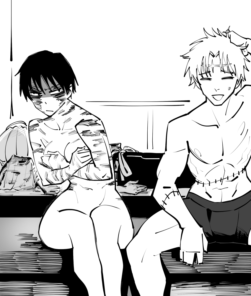 1boy 1girl absurdres bath black_hair closed_eyes closing couple covering_breasts covering_privates dingotoad gojou_satoru highres hot_tub jujutsu_kaisen legs_together monochrome muscular muscular_male okkotsu_yuuta onsen pixie_cut scar scar_on_face scar_on_forehead short_hair sitting stitched_arm stitched_torso stitches tomboy touching_head uncomfortable_silence bad_tag white_hair zen&#039;in_maki