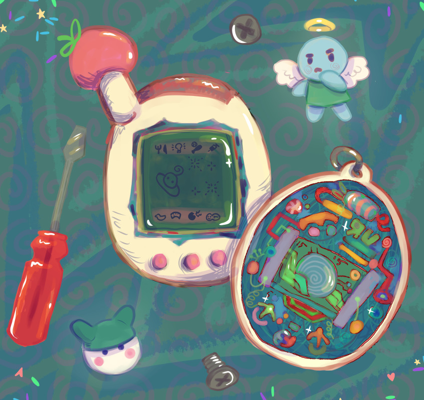 1other absurdres angel angel_wings character_request chibi chibi_inset commentary creature english_commentary halo highres object_focus radio_antenna screw screwdriver sequ0iart solo still_life tamagotchi tamagotchi_(virtual_pet) tamagotchi_plus toy virtual_pet_(toy) wings