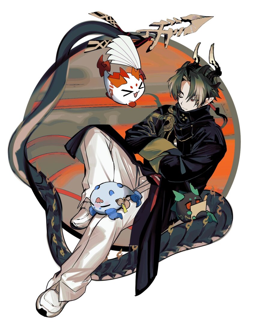 &gt;_&lt; 1boy =_= arknights black_coat brown_background brown_hair chinese_clothes chongyue_(arknights) closed_eyes coat crossed_arms dragon_boy dragon_bubble_(arknights) dragon_horns dragon_tail dusk_(arknights) hand_fan harisen highres holding holding_fan holding_paper horns ieiieiiei jitome knee_up ling_(arknights) long_hair looking_at_another multicolored_hair nian_(arknights) on_lap one_eye_closed orange_background pants paper paper_fan parted_bangs pointy_ears ponytail reading red_eyes simple_background smile streaked_hair tail white_background white_footwear white_pants