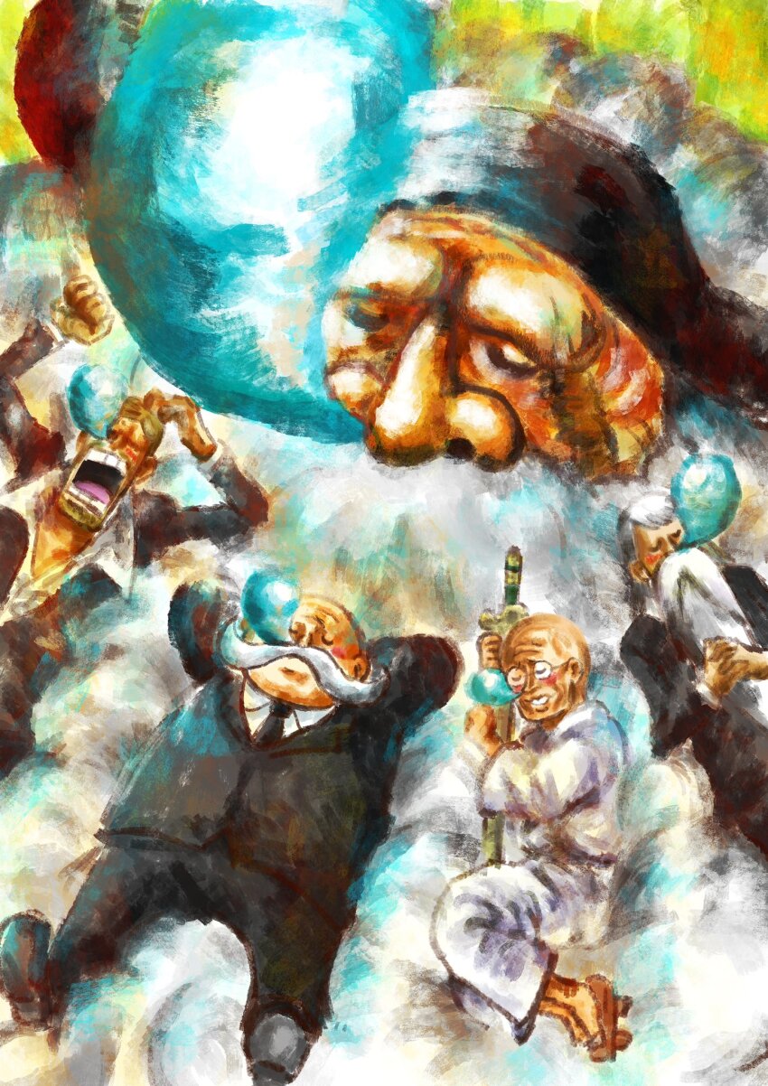 5boys alternate_form arms_behind_head bald beard black_hat black_necktie black_pants black_suit blonde_hair blush closed_eyes ethan-baron_v._nusjuro facial_hair formal_clothes geta giant gorosei hat highres holding holding_sword holding_weapon horns jaygarcia_saturn long_beard long_hair lying lying_on_person male_focus marcus_mars multiple_boys mustache necktie nobuchi0503 nose_bubble on_back on_side one_piece open_mouth own_hands_together pants robe round_eyewear scar scar_across_eye scar_on_face shepherd_ju_peter shirt short_hair sleeping smile suit sword thick_beard topman_warcury traditional_media weapon white_hair white_robe white_shirt yawning