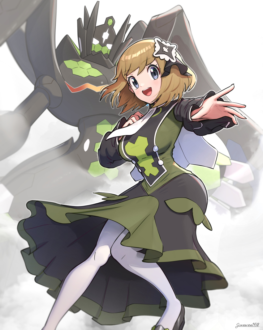 1girl absurdres artist_name ascot black_ribbon blonde_hair breasts brown_hair buttons dress eyelashes gen_6_pokemon gonzarez green_dress grey_eyes hair_ornament highres large_breasts legendary_pokemon nintendo official_alternate_costume open_mouth outstretched_arm pantyhose pokemon pokemon_(creature) pokemon_masters_ex ribbon serena_(pokemon) serena_(sygna_suit)_(pokemon) short_hair skirt smile solo teeth upper_teeth_only white_ascot white_pantyhose zygarde zygarde_(complete)