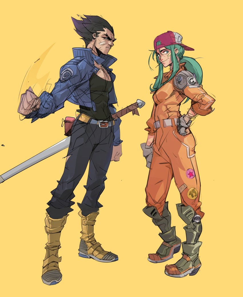 1boy 1girl aqua_eyes aqua_hair arm_at_side backwards_hat bandaid bandaid_on_cheek bandaid_on_face baseball_cap belt black_eyes black_hair black_pants black_shirt boots breasts bulma_(future) capsule_corp clenched_hands closed_mouth contrapposto cosplay denim denim_jacket dragon_ball dragonball_z expressionless fanny_pack fingerless_gloves fingernails frown full_body gloves green_footwear grey_gloves half-closed_eyes hand_on_own_hip hand_up hat hicham_habchi high_collar highres jacket jumpsuit knee_boots looking_afar looking_to_the_side medium_breasts open_clothes open_jacket orange_background orange_jumpsuit pants pink_headwear ponytail shirt side-by-side sidelocks simple_background spiked_hair standing sword trunks_(dragon_ball) trunks_(future)_(dragon_ball) trunks_(future)_(dragon_ball)_(cosplay) vegeta weapon white_belt wrinkled_skin yellow_belt yellow_boots