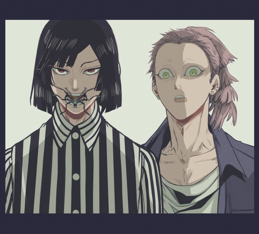 2boys animal_in_mouth black_hair bob_cut border bug collarbone collared_shirt ear_piercing earrings enpera florbetriz green_eyes grey_background grey_hair highres jewelry male_focus monju_shiro_kyodai multiple_boys open_mouth piercing pink_hair ponytail red_eyes scarf shirt short_hair simple_background striped_clothes striped_shirt stud_earrings swept_bangs upper_body wide-eyed