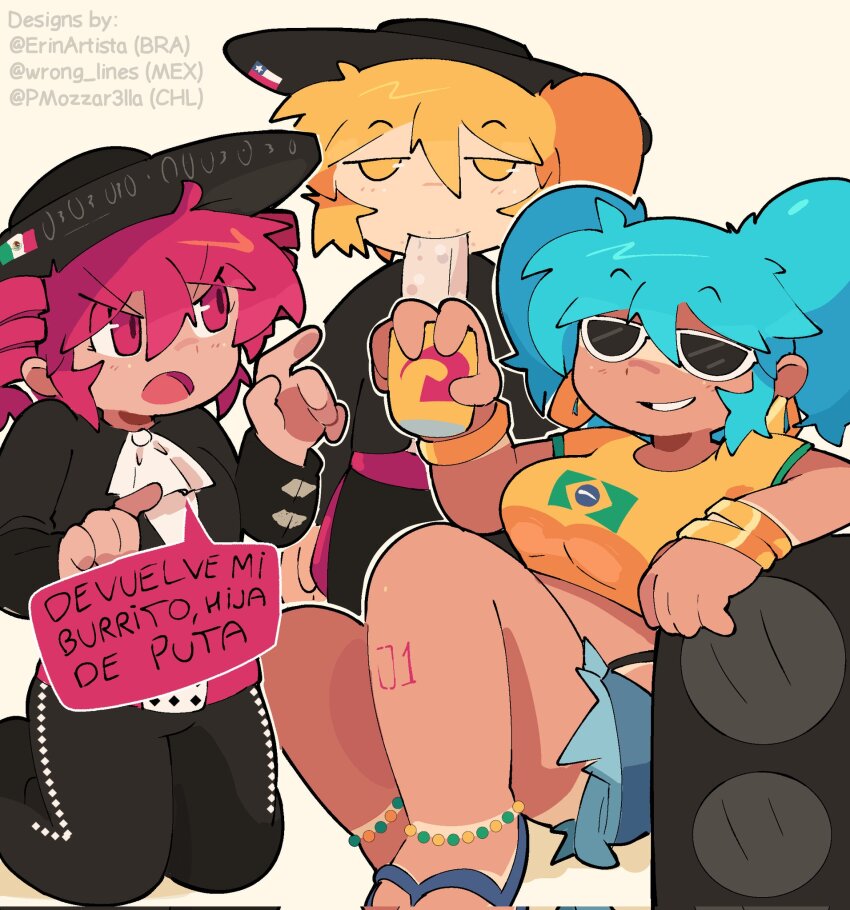 3girls abstractpurple akita_neru anklet aqua_hair bare_legs black_footwear black_hat black_pants blonde_hair blue_shorts bracelet bracelet_tan brazilian_flag brazilian_flag_print brazilian_miku chile chilean_flag corrupted_twitter_file cropped_shirt drill_hair eating eyewear_on_head flag_print flip-flops hair_between_eyes hat hatsune_miku highres jewelry kasane_teto knees_up latin_american_hatsune_miku_(meme) long_sleeves mexican_flag mexico multiple_girls outline pants pink_hair print_shirt sandals shirt short_sleeves shorts simple_background speech_bubble sunglasses translation_request twin_drills vocaloid white-framed_eyewear white_background white_outline worldwide_miku yellow_eyes yellow_shirt