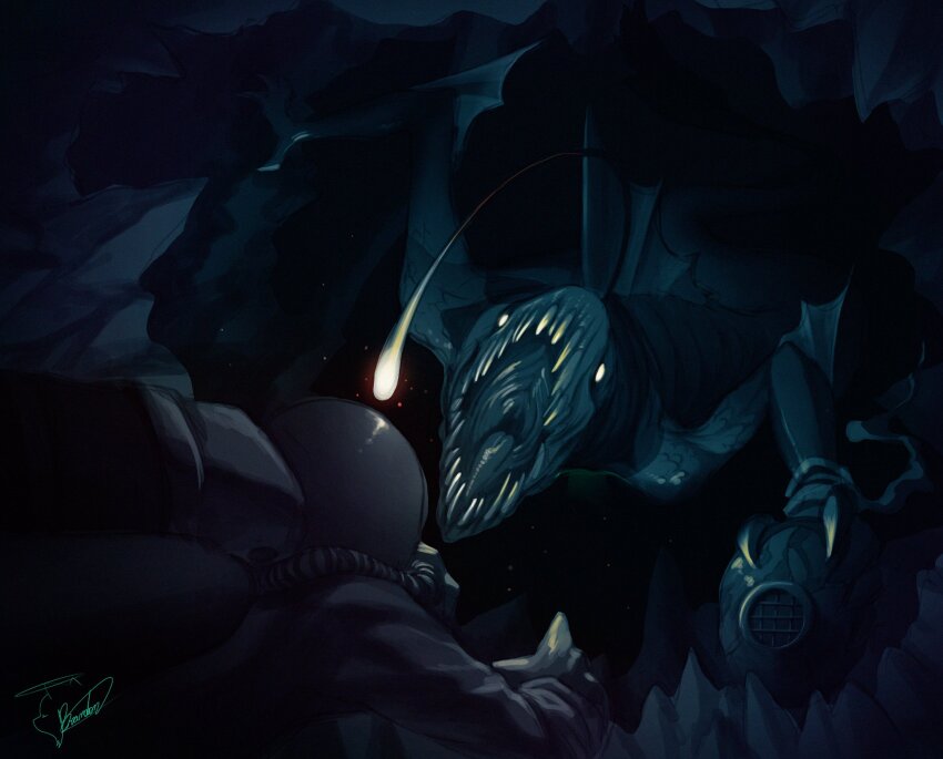 1other ben_10 diving_mask diving_suit glowing glowing_eyes goggles highres holding horror_(theme) looking_at_another mobzeroone open_mouth ripjaws sharp_teeth signature teeth underwater