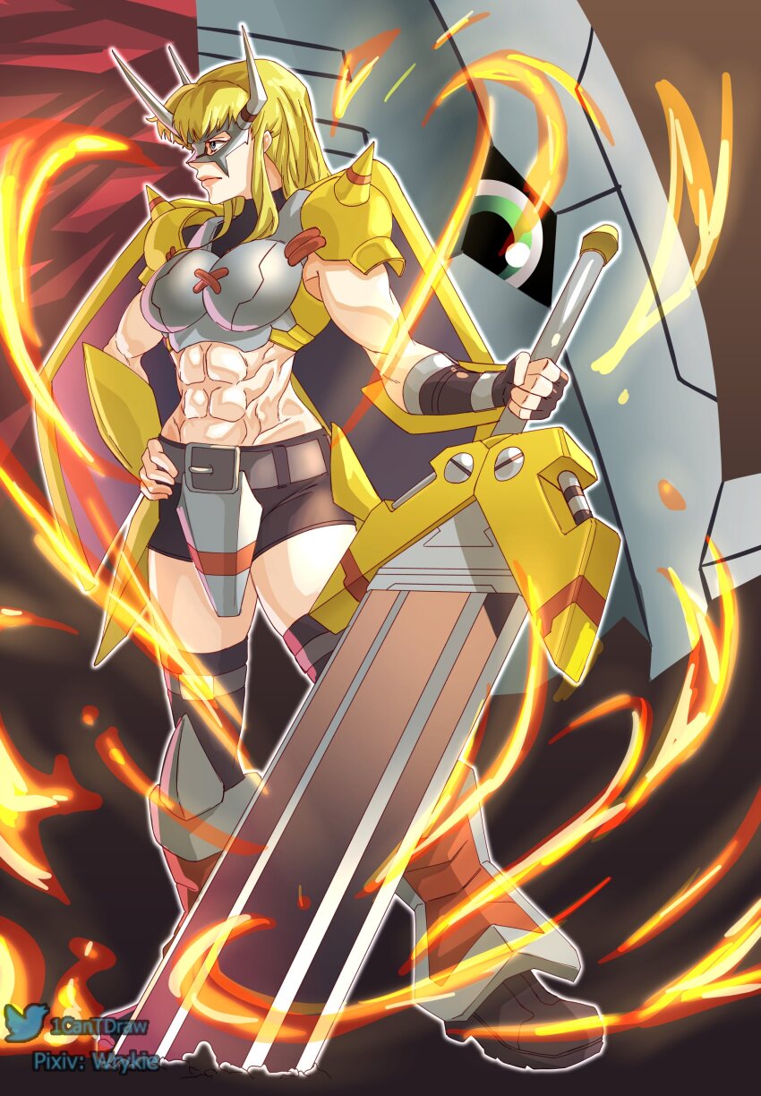 1girl abs absurdres armor belt black_shorts blonde_hair breastplate cosplay digimon fire full_body green_eyes hand_on_own_hip highres holding holding_sword holding_weapon long_hair magik_(x-men) marvel marvel_rivals mechanical_wings midriff muscular muscular_male pixiv_username richard_park shorts shoulder_armor solo_focus sword twitter_username victorygreymon victorygreymon_(cosplay) wargreymon wargreymon_(cosplay) weapon wings x-men yellow_armor