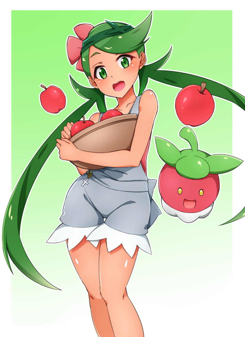 1girl apple bare_shoulders basket bounsweet food fruit game_freak gen_7_pokemon green_eyes green_hair highres long_hair mallow_(pokemon) nintendo overall_shorts overalls pokemon pokemon_sm sleeveless tokonone twintails very_long_hair