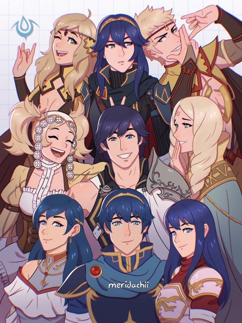 3boys 6+girls ahoge armor aunt_and_niece blonde_hair blue_eyes blue_hair breasts brother_and_sister bustier cape chrom_(fire_emblem) circlet cleavage cleavage_cutout cloak closed_eyes clothing_cutout cousins crest elice_(fire_emblem) emmeryn_(fire_emblem) exposed_muscle family family_crest family_portrait family_tree father_and_daughter fire_emblem fire_emblem:_mystery_of_the_emblem fire_emblem_awakening fire_emblem_fates fire_emblem_heroes grandmother_and_granddaughter graph_paper group_picture hand_gesture hand_over_face hands_up high_collar highres lissa_(fire_emblem) long_hair long_sleeves looking_at_another looking_at_viewer looking_to_the_side lucina_(fire_emblem) marth_(fire_emblem) meridachii mother_and_son multiple_boys multiple_girls nintendo odin_(fire_emblem) one_eye_closed open_mouth ophelia_(fire_emblem) owain_(fire_emblem) pauldrons shoulder_armor siblings simple_background smile twintails uncle_and_nephew white_background