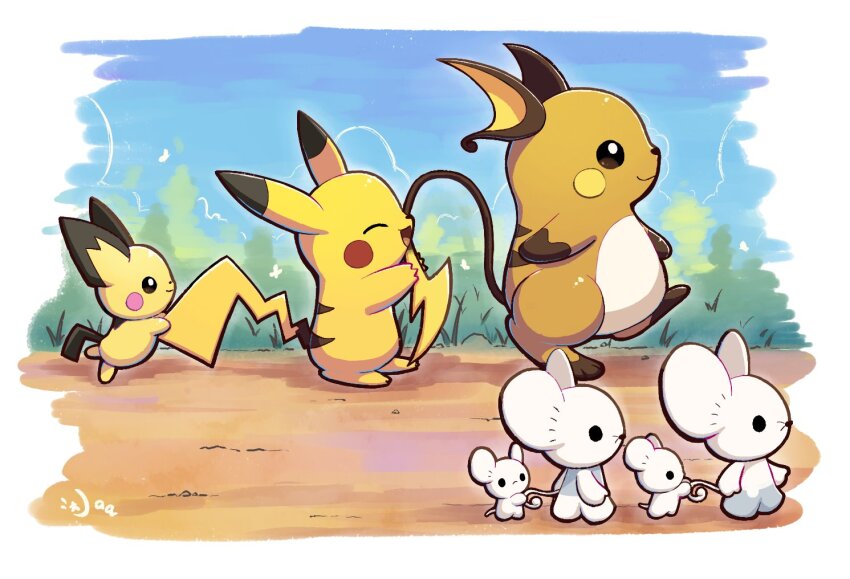 :d ^_^ aquabluu artist_name black_eyes blue_sky border bright_pupils brown_eyes closed_eyes closed_mouth commentary day dirt english_commentary evolutionary_line gen_1_pokemon gen_2_pokemon grass holding_another&#039;s_tail maushold maushold_(family_of_four) nintendo no_humans open_mouth outdoors pichu pikachu pokemon pokemon_(creature) profile raichu signature sky smile solid_circle_eyes tail walking white_border white_pupils