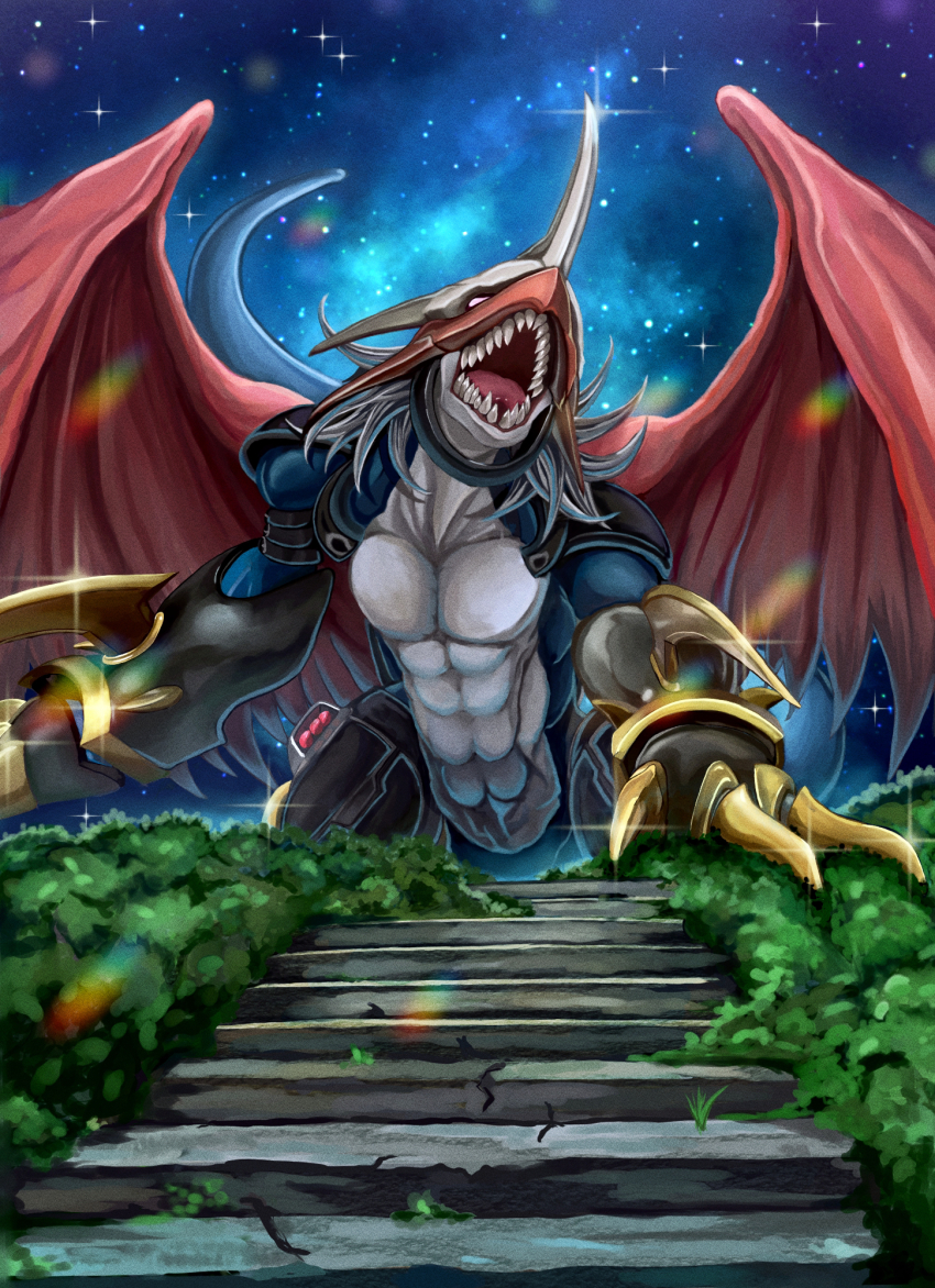 abs arm_strap armor belt blank_eyes bush claws collar crack cracked_floor digimon digimon_(creature) digimon_adventure_02 dragon gauntlets grass highres horns imperialdramon imperialdramon_dragon_mode kou_(xcws3487) large_pectorals lens_flare looking_up mechanical_legs night no_humans open_mouth outdoors pectoral_cleavage pectorals red_wings sharp_teeth shoulder_armor sky sparkle stairs star_(sky) starry_sky stone_stairs tail_raised teeth western_dragon white_hair wings