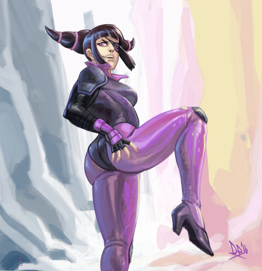 1girl ass black_hair bodysuit chinese_clothes diepod drill_hair dudou eyepatch female_focus from_below han_juri high_heels highres leg_lift leg_up legs looking_back purple_bodysuit solo street_fighter street_fighter_v thighs twin_drills
