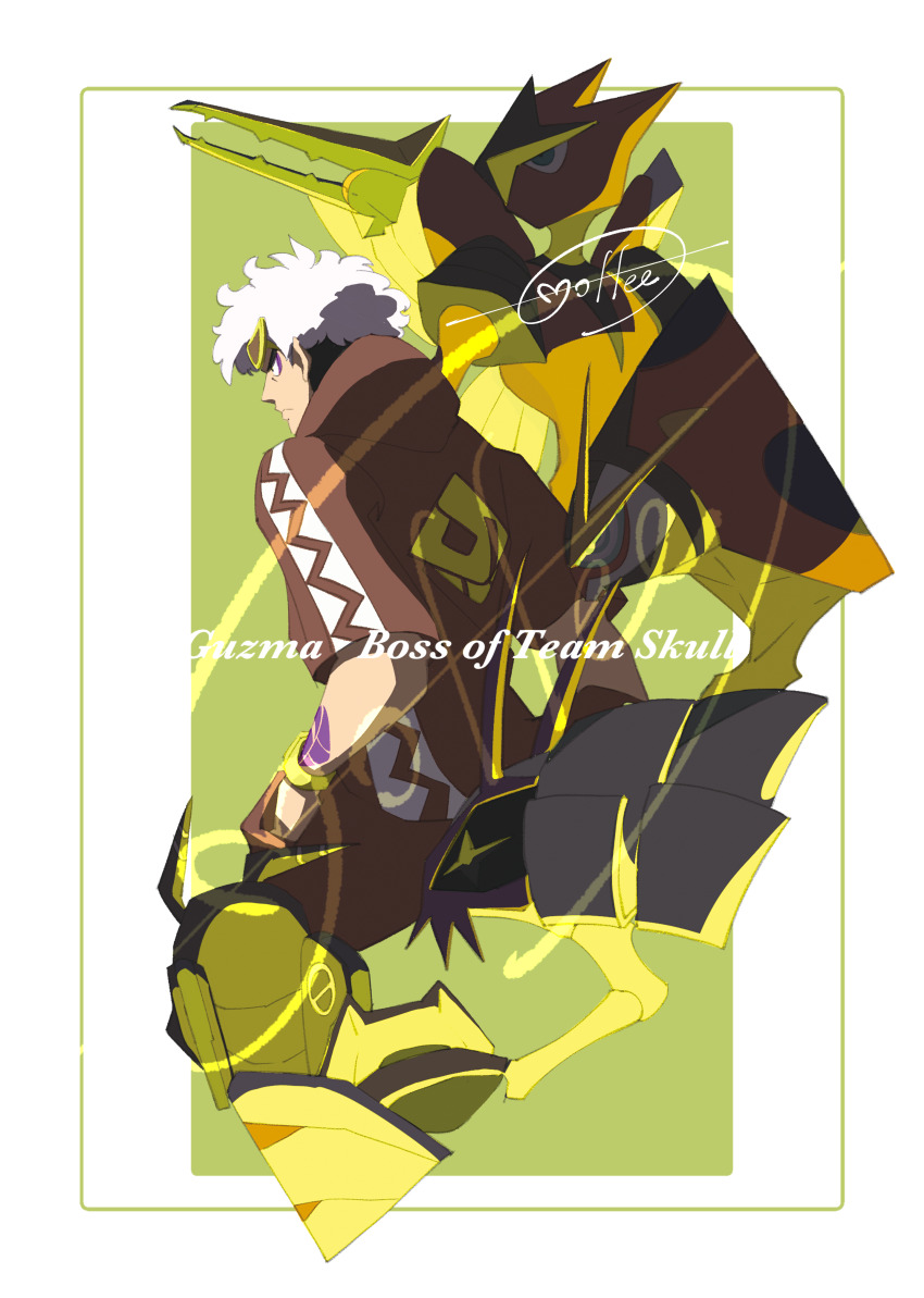 1boy absurdres arm_tattoo black_hair border cccacademia character_name commentary_request gen_2_pokemon gen_7_pokemon gen_8_pokemon golisopod green_background guzma_(pokemon) highres hood hood_down hooded_jacket jacket lokix male_focus mega_pokemon mega_scizor multicolored_hair nintendo orbeetle pokemon pokemon_(creature) pokemon_sm scizor short_hair short_sleeves signature sunglasses tattoo two-tone_hair vikavolt watch white_border white_hair wristwatch yellow-framed_eyewear