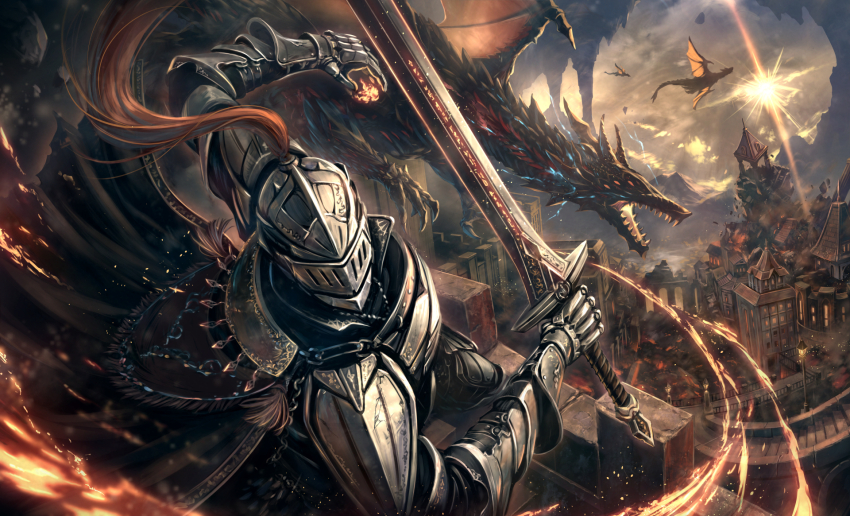 armor battle battlement breath_weapon cloud completion_time covered_face diffraction_spikes dragon extra_eyes fantasy fire full_armor gauntlets helmet highres holding holding_sword holding_weapon knight lamppost making-of_available original pyrokinesis ruins scenery soraizumi sword tagme weapon
