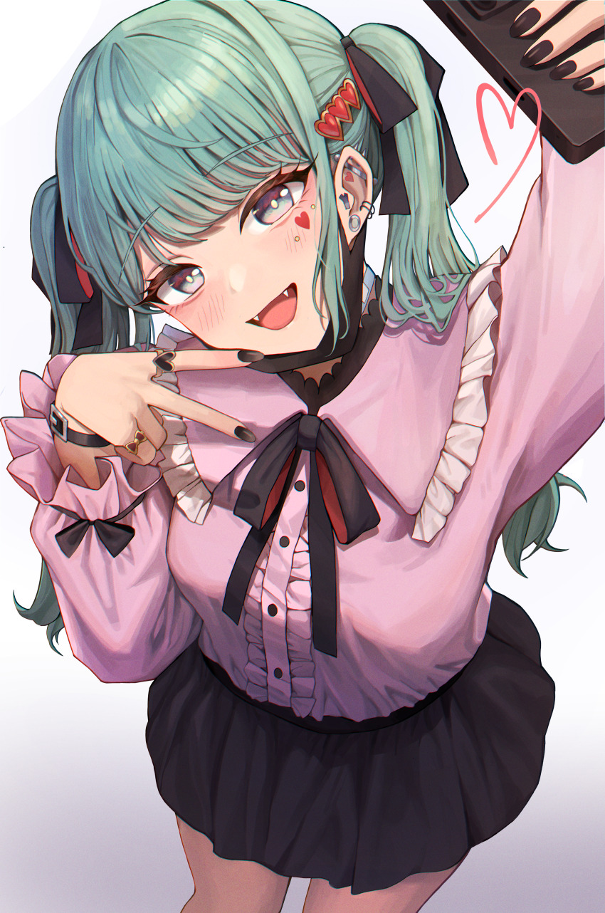 1girl absurdres black_skirt deco27 ear_piercing fang hair_ribbon hatsune_miku heart highres jirai_kei khan_0204 open_mouth piercing pink_top ribbon skirt smile twintails v vampire_(vocaloid) vocaloid