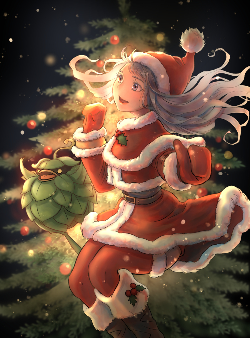 1girl :d arciela_v_adoulin blue_eyes boots brown_footwear cactus41747280 capelet christmas_ornaments christmas_tree creature final_fantasy final_fantasy_xi floating_hair fur-trimmed_boots fur-trimmed_capelet fur-trimmed_headwear fur-trimmed_legwear fur_trim grey_hair hat highres holly hume leafkin light_particles long_hair long_sleeves mittens open_mouth red_capelet red_headwear red_mittens red_thighhighs santa_boots santa_costume santa_hat smile thighhighs