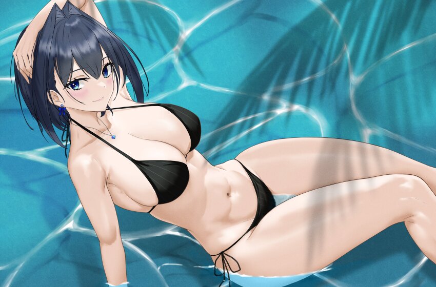1girl absurdres bikini black_bikini black_hair blue_eyes breasts cloudrain_demon earrings highres hololive hololive_english jewelry large_breasts linea_alba navel ouro_kronii palm_tree partially_submerged shadow solo swimsuit tree virtual_youtuber