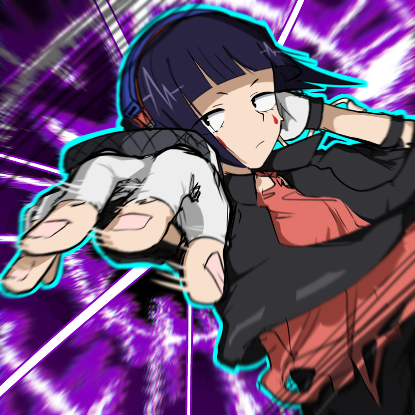 1girl audio_jack black_eyes blunt_bangs boku_no_hero_academia earplugs fingerless_gloves gloves headphones highres jacket jiro_kyoka long_earlobes looking_to_the_side purple_background purple_hair red_shirt shirt short_hair simple_background solo user_snaw5853
