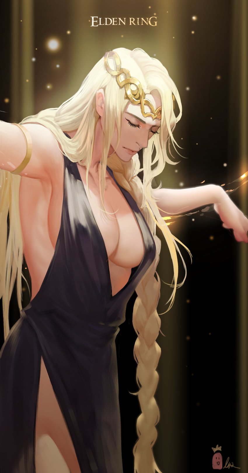 1girl absurdres armlet black_dress blonde_hair braid breasts cleavage closed_eyes closed_mouth commentary copyright_name cowboy_shot crucifixion dress elden_ring english_text highres jewelry long_hair lsr outstretched_arms plunging_neckline queen_marika_the_eternal side_slit signature solo sparks spread_arms tiara
